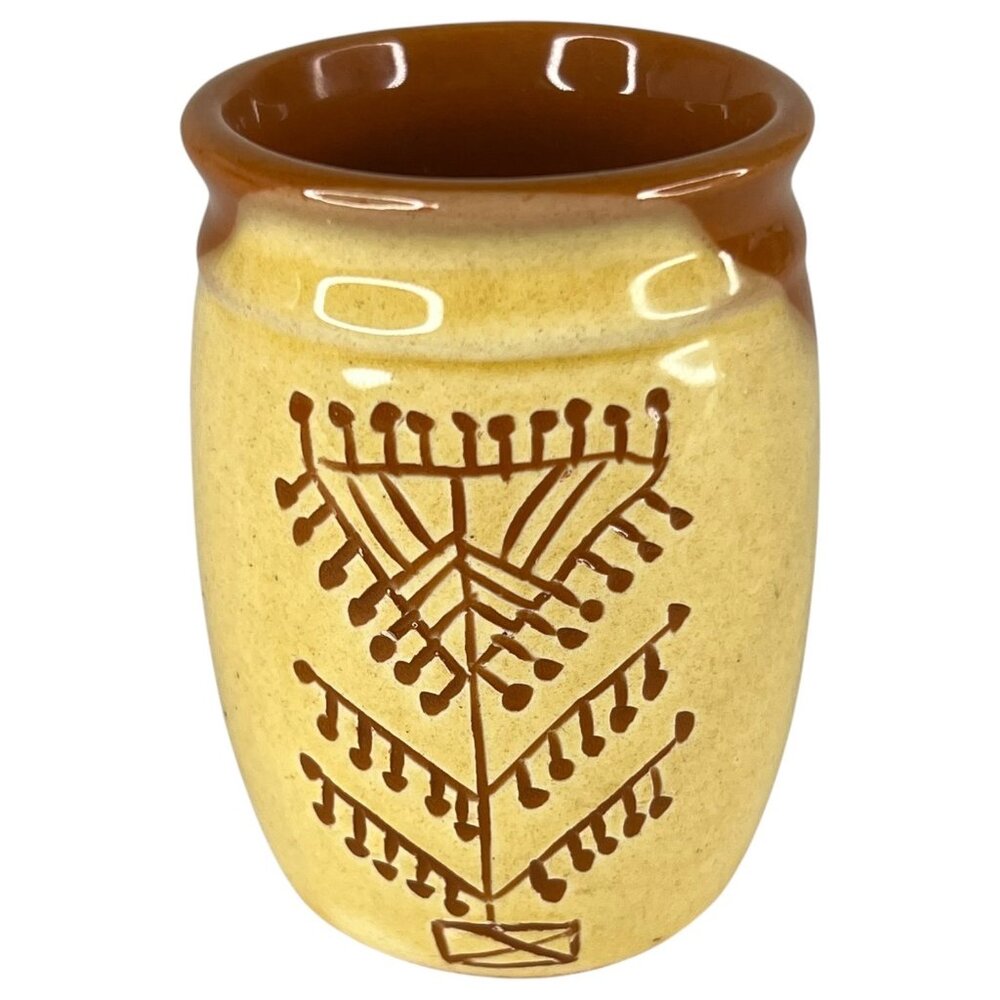 Handcrafted Ceramic‎ Mini Crock Brown & Yellow Finish And Geometric Tree Pattern